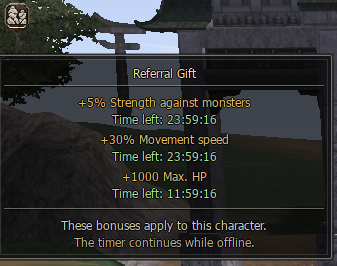 Referral Gift effect tooltip listing monster strength, movement speed and maximum HP timers