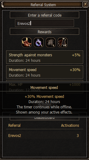 Movement speed reward tooltip showing a 30 percent bonus lasting 24 hours