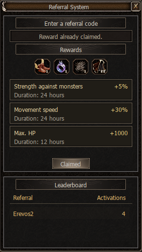 Referral System after claiming a reward, with the Claimed button disabled