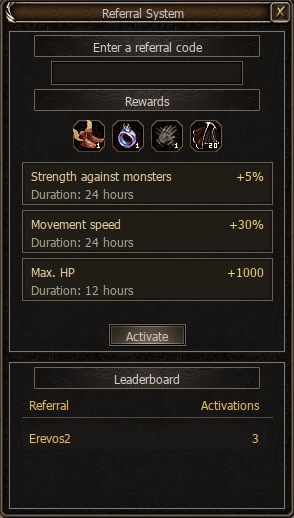 Actual Referral System interface with item rewards, timed bonuses and referral rankings